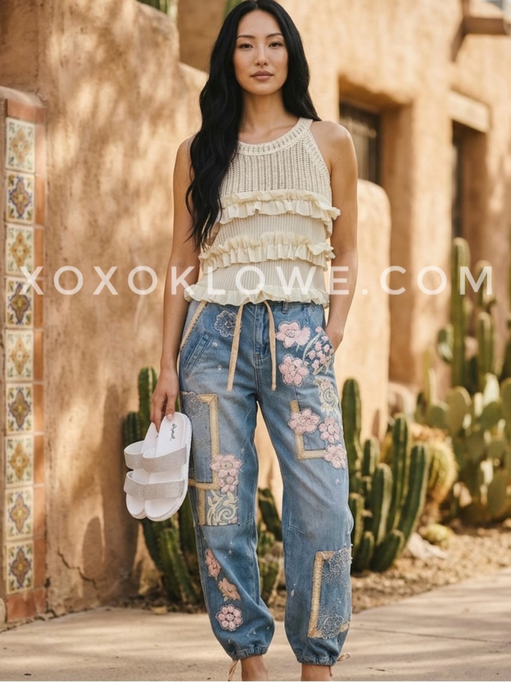 Oli & Hali Patchwork Floral Convertible Jogger Jeans | Straight Leg Denim Pants - Picture 6 of 9